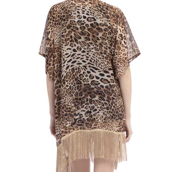 Women’s Leopard Print Cover Up Vest Swimsuit cover up kimono Sheer Fringe - Picture 2 of 7